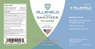 473mL gel - Allshield 22516 Sanitizer Gel 16 oz. with  Hand Pump   Label  6 x 3 01